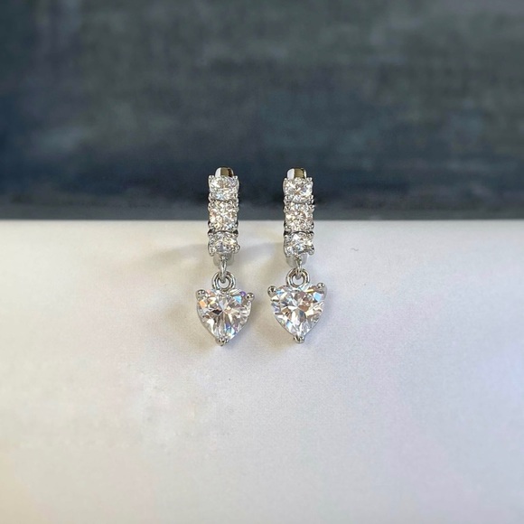 Platinum Plated Silver Zirconia Heart Hoop Earrings | Luxury Jewelry - Picture 3 of 13